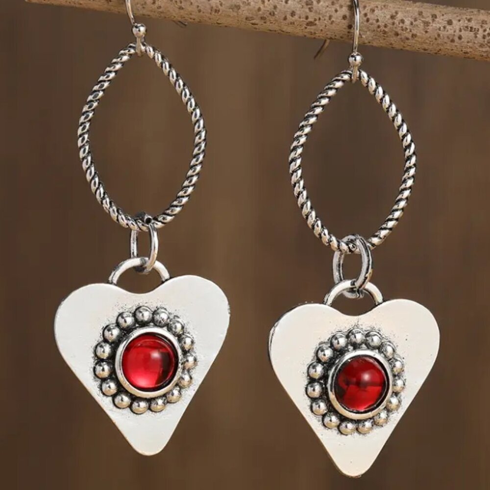 Vintage Heart Shape Red Flower Pattern Round Synthetic Gems Dangle Earrings